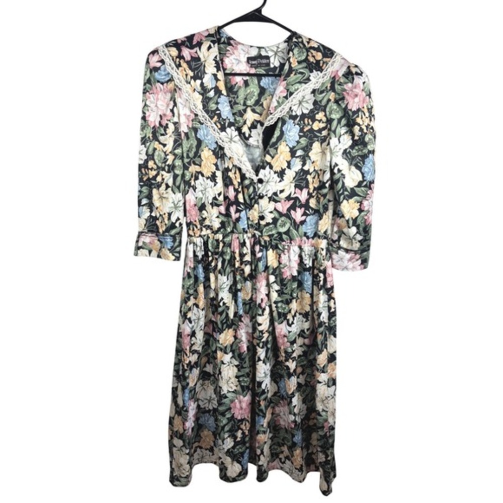 Cottage Core Floral‎ Print Button Front Midi Dress Lace Collar